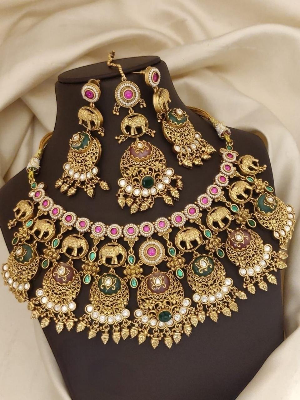 Royal Antique Temple Necklace Set with Elephant Motifs & Kundan Work