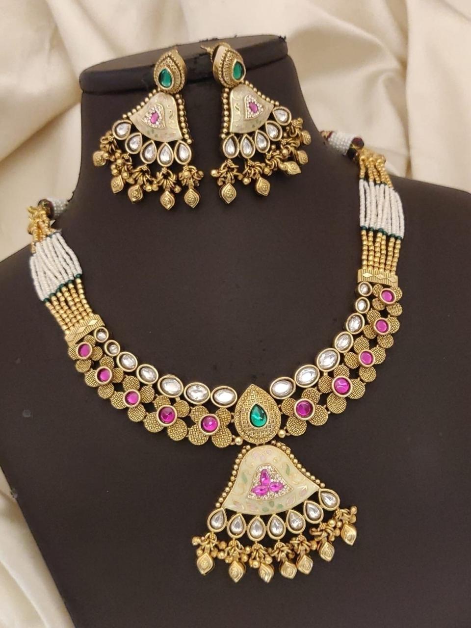 Royal Kundan Necklace Set with Pink & Green Stones – Bridal Traditional Jewellery
