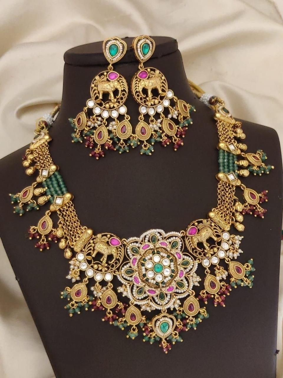 Royal Temple Peacock Necklace Set with Kundan & Green Beads