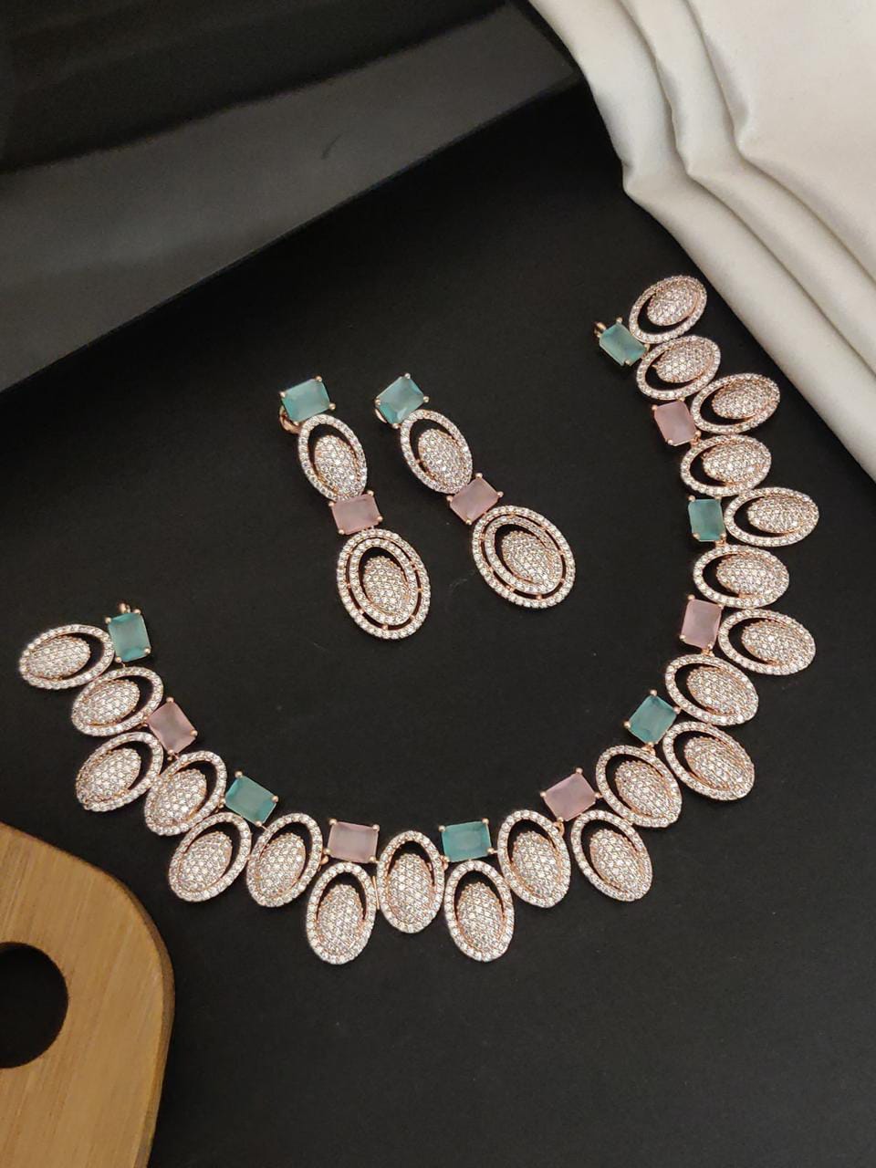 Elegant Rose Gold CZ Necklace Set with Pastel Stones &amp; Drop Earrings