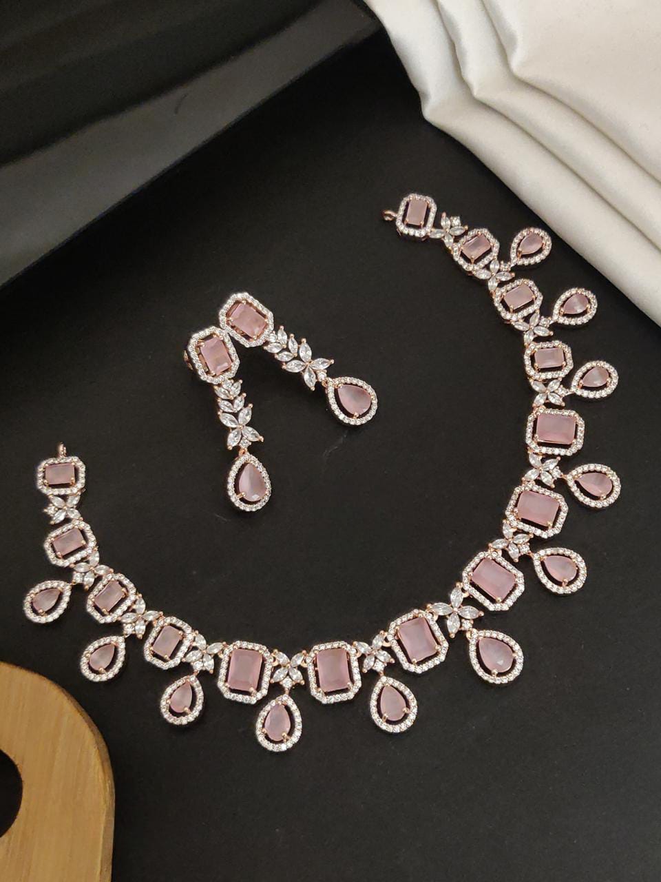 Elegant Rose Pink Stone AD Necklace Set with Matching Earrings