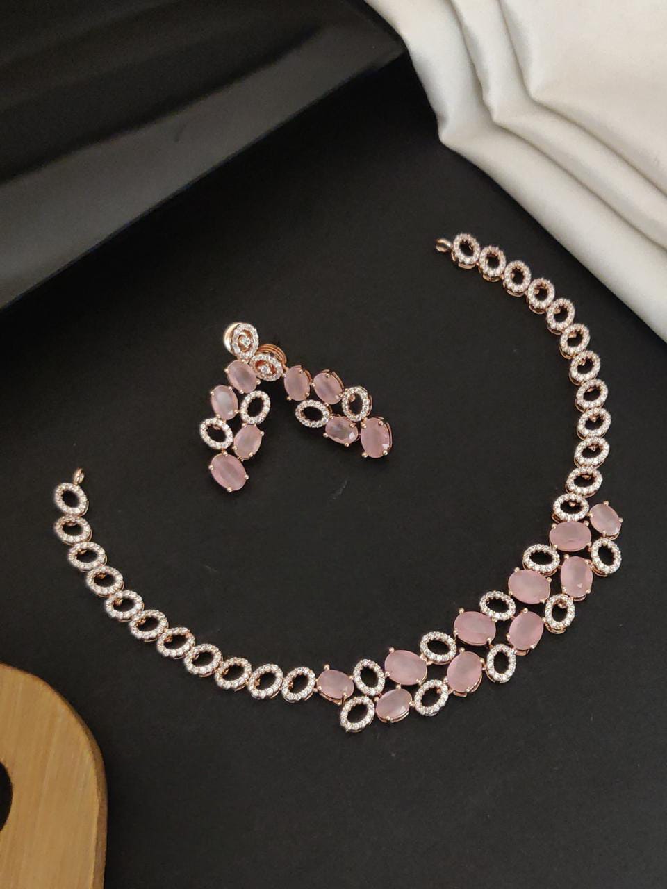 Elegant Rose Gold Pink Stone Necklace Set with Matching Earrings