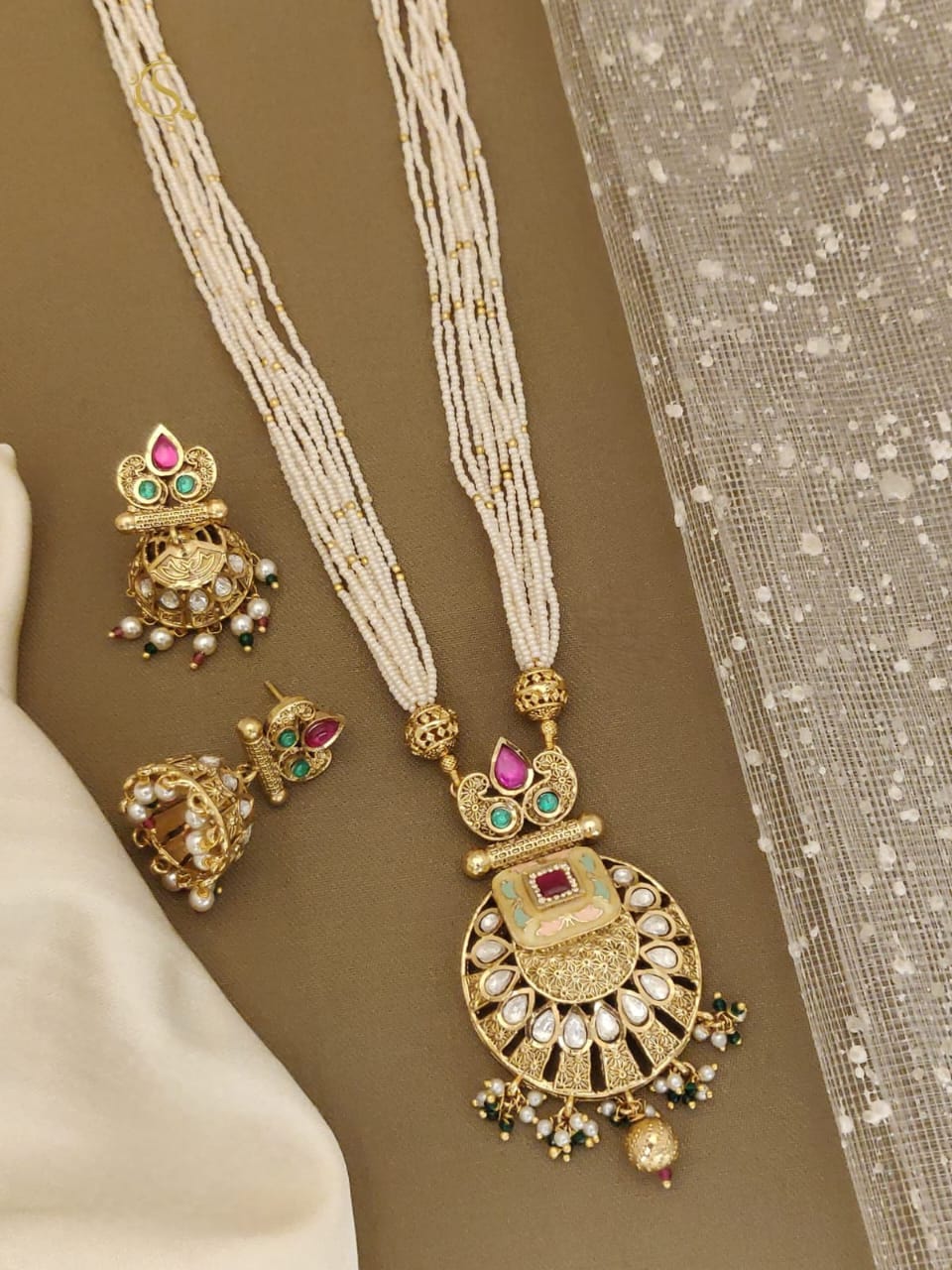 Elegant Pearl Kundan long moti Set with Matching Earrings – Traditional Jewelry