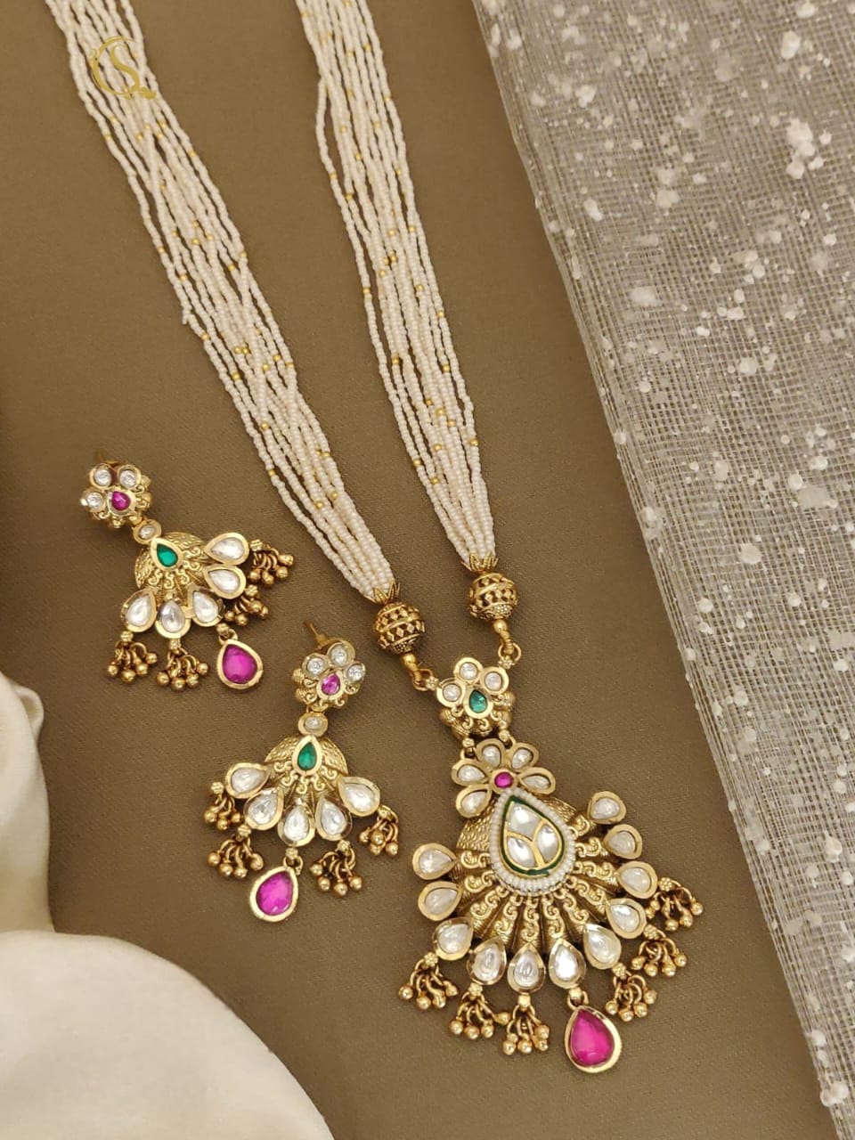 Elegant Pearl Kundan long moti Set with Matching Earrings – Traditional Jewelry