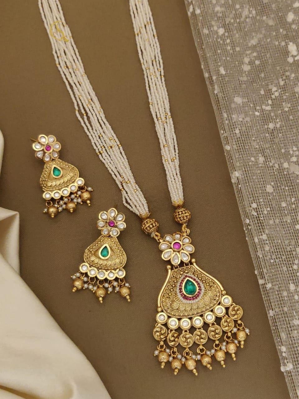 Elegant Pearl Kundan long moti Set with Matching Earrings – Traditional Jewelry