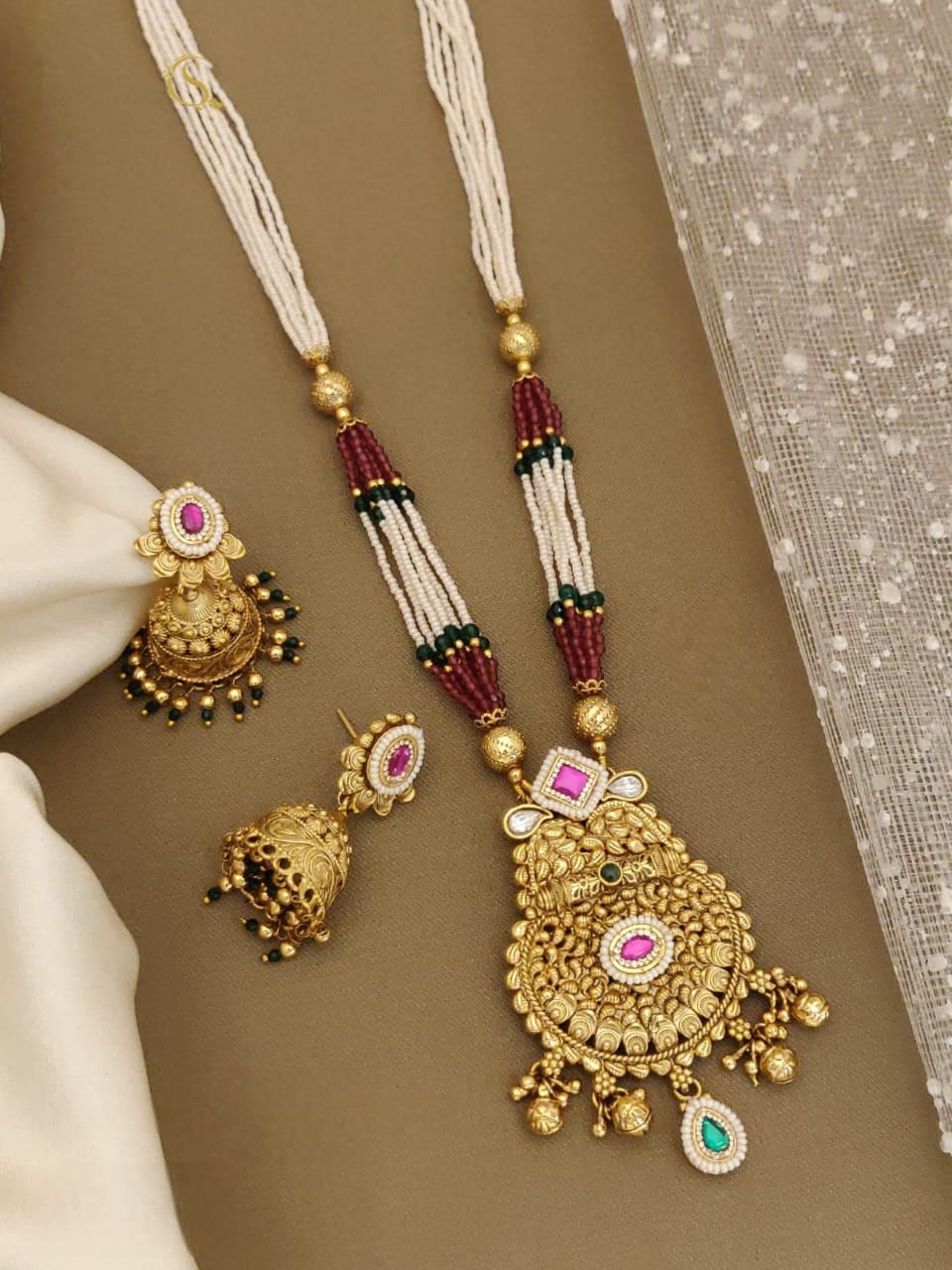 Traditional Temple Style Pearl Long Necklace Set with Antique Gold Finish