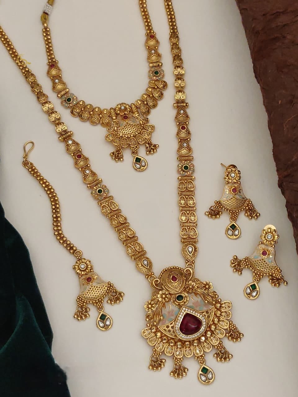 Royal Antique Gold Finish Temple Necklace Set with Pendant &amp; Earrings