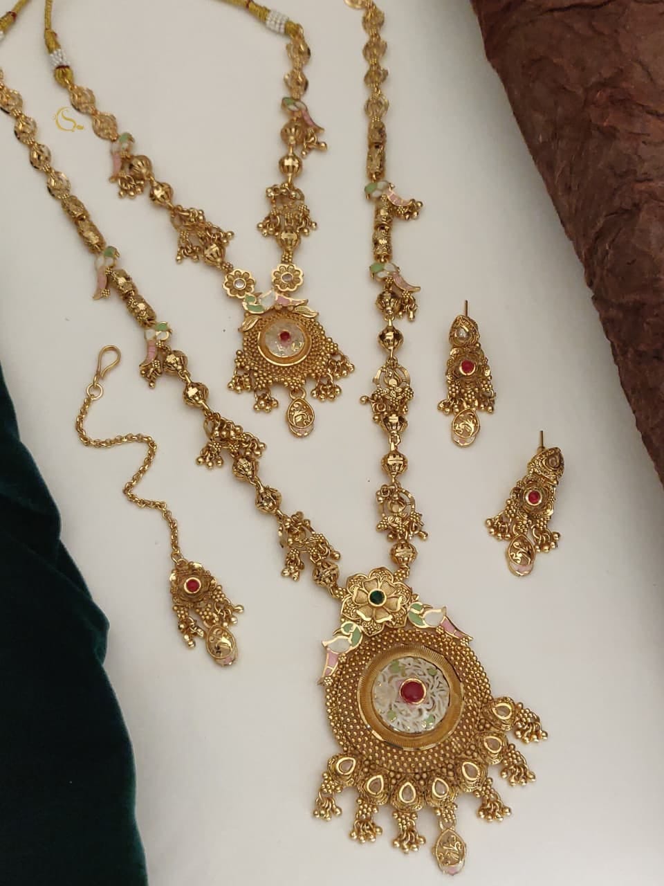 Royal Antique Gold Long Necklace Set with Matching Earrings