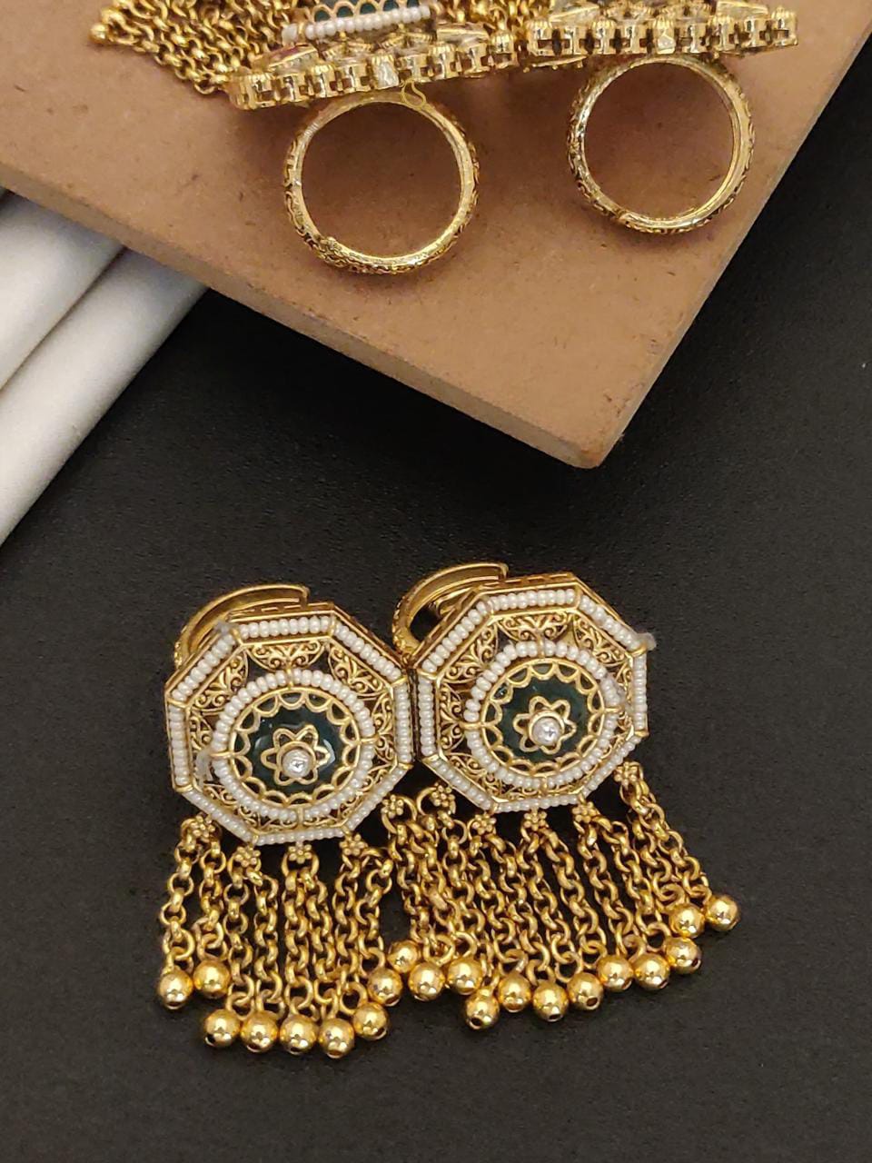 Royal Kundan & Pearl Hexagon Drop Earrings – Traditional Gold Finish