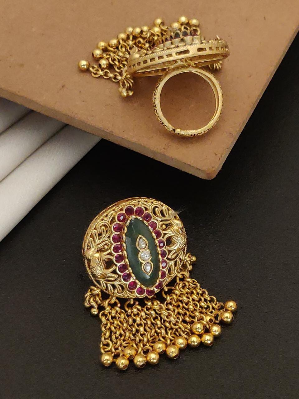 Traditional Kundan Meenakari Statement Ring with Hanging Ghungroo Chains