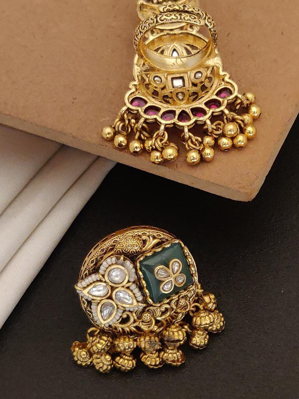 Royal Kundan Adjustable Cocktail Ring with Ghungroo Detailing – Antique Gold Finish