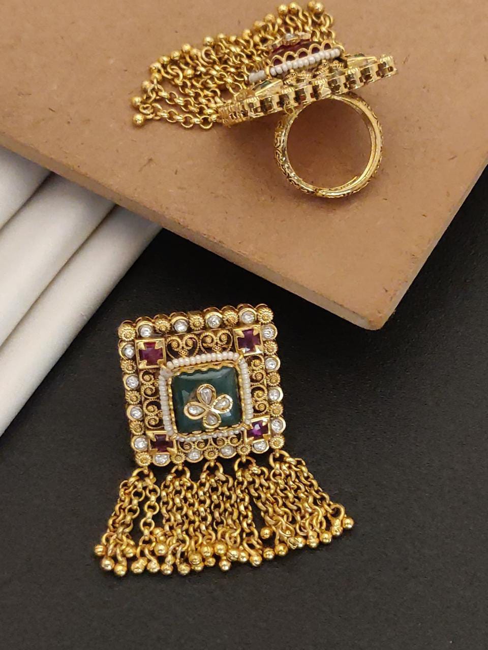 Traditional Gold-Plated Square Pendant Ring Chain with Kundan & Pearl Detailing