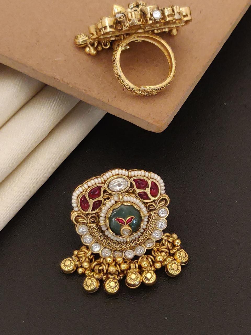 Royal Kundan Pearl Statement Ring – Antique Gold Finish