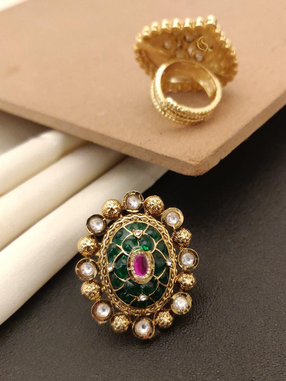 Royal Kundan Polki Adjustable Ring – Green Enamel & Ruby Stone