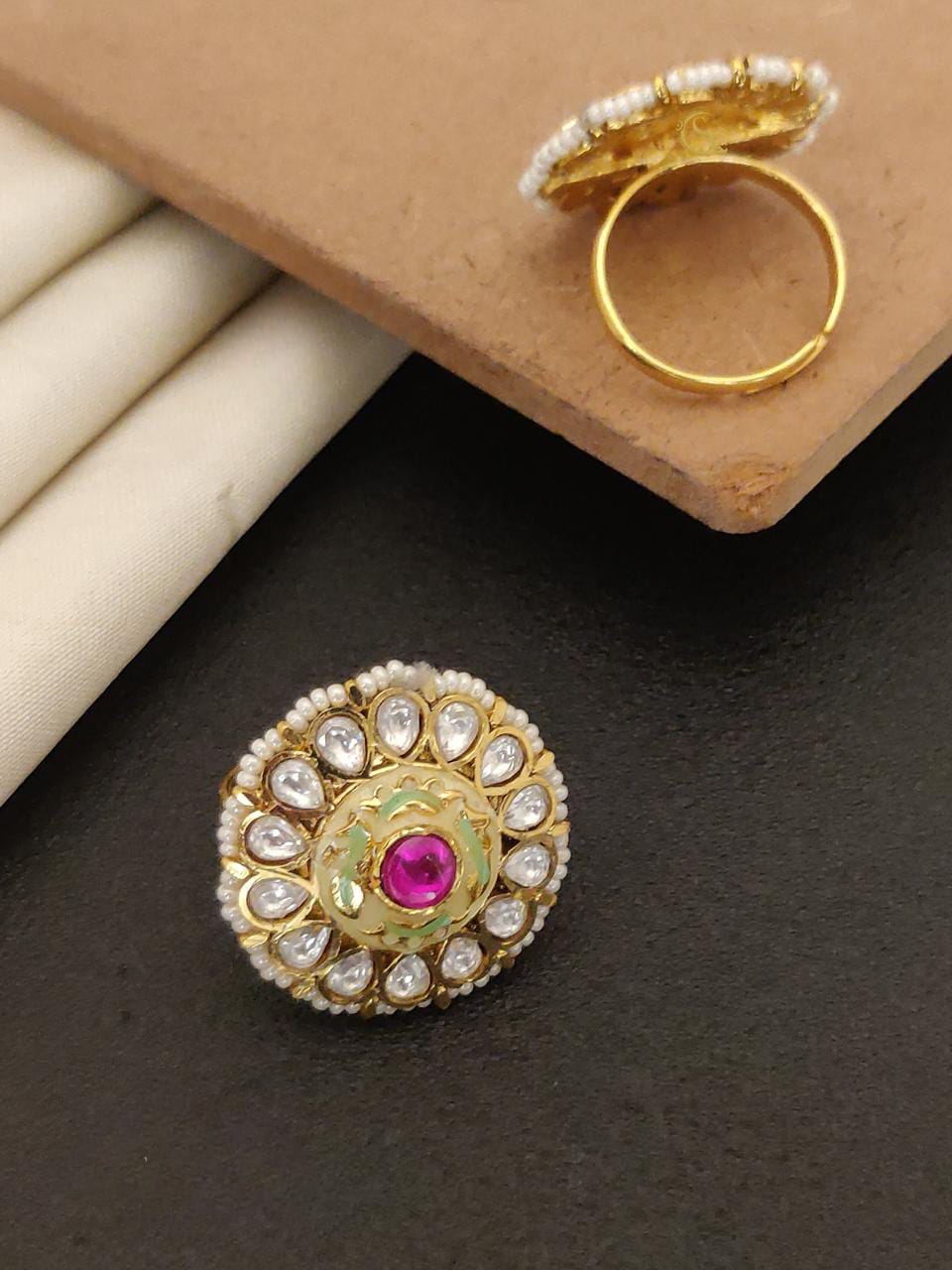 Elegant Kundan Pearl Floral Ring with Pink Stone – Adjustable Traditional Ring