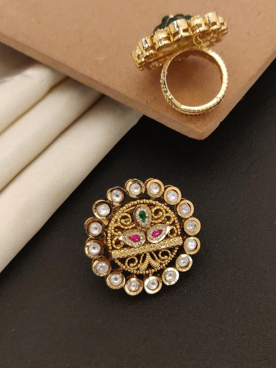 Royal Antique Gold Kundan Statement Ring with Ruby & Emerald Stones