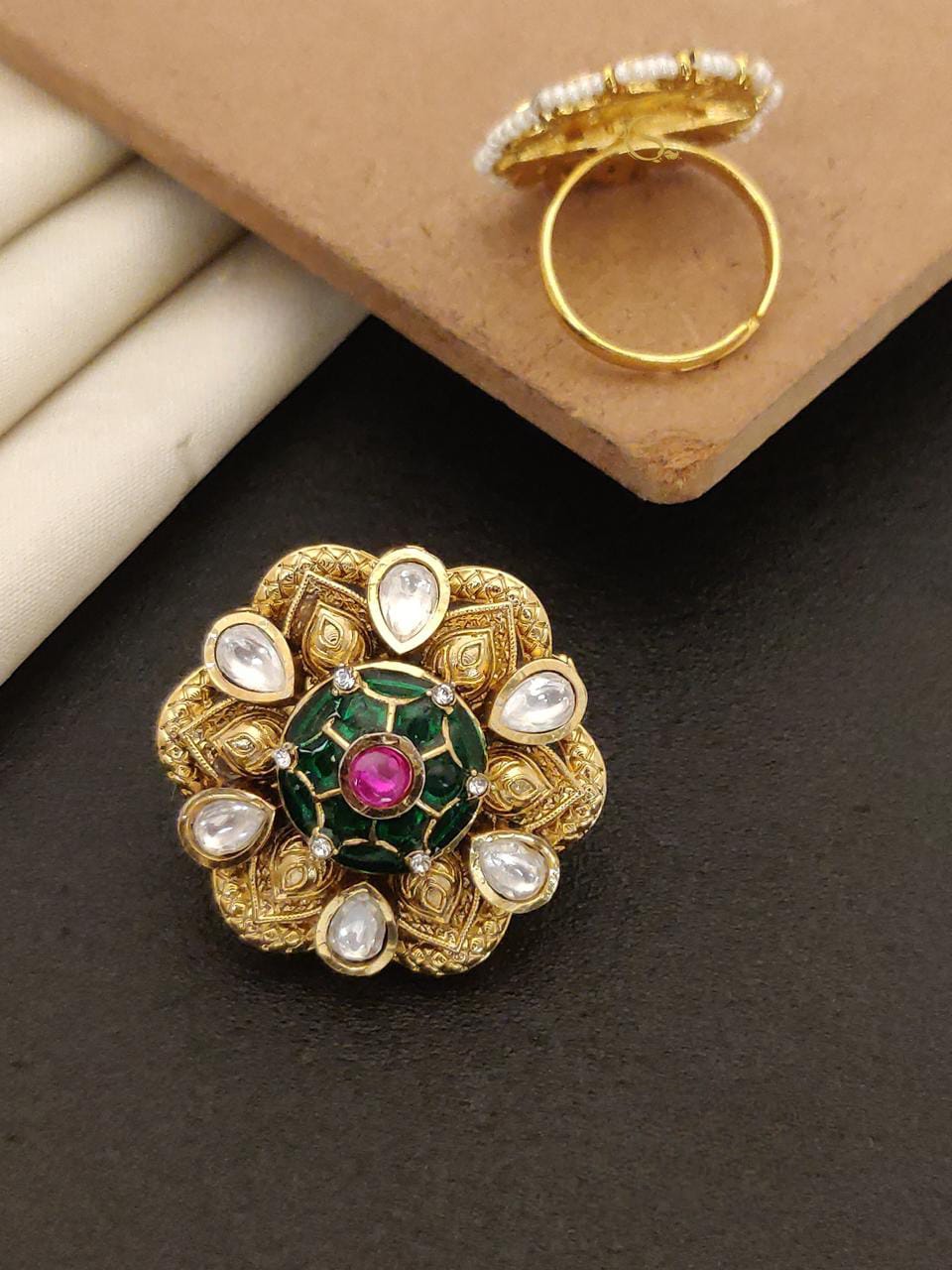 Traditional Kundan Floral Statement Ring – Gold Finish with Green &amp; Pink Stone