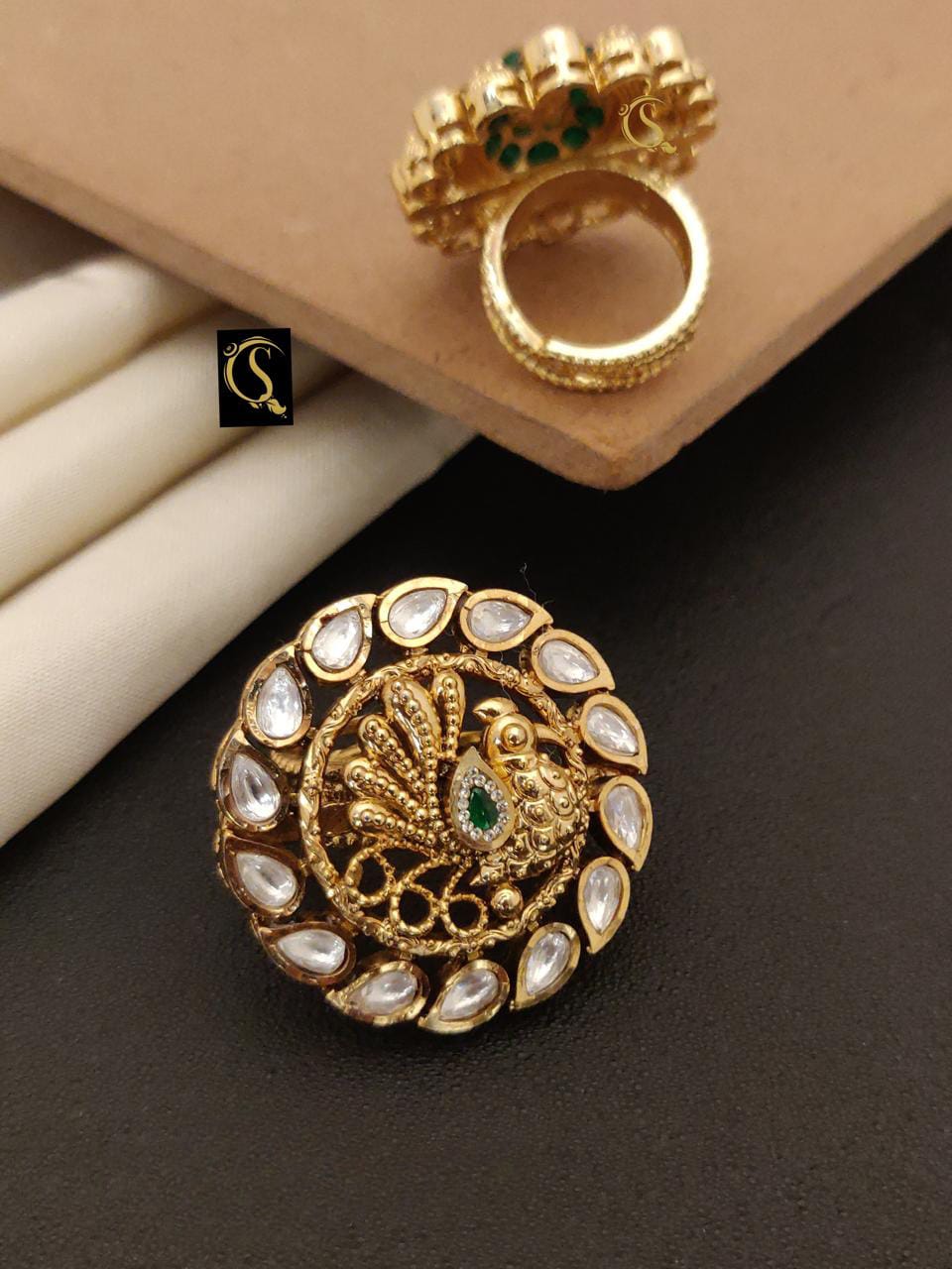 Royal Peacock Kundan Statement Ring – Antique Gold Finish