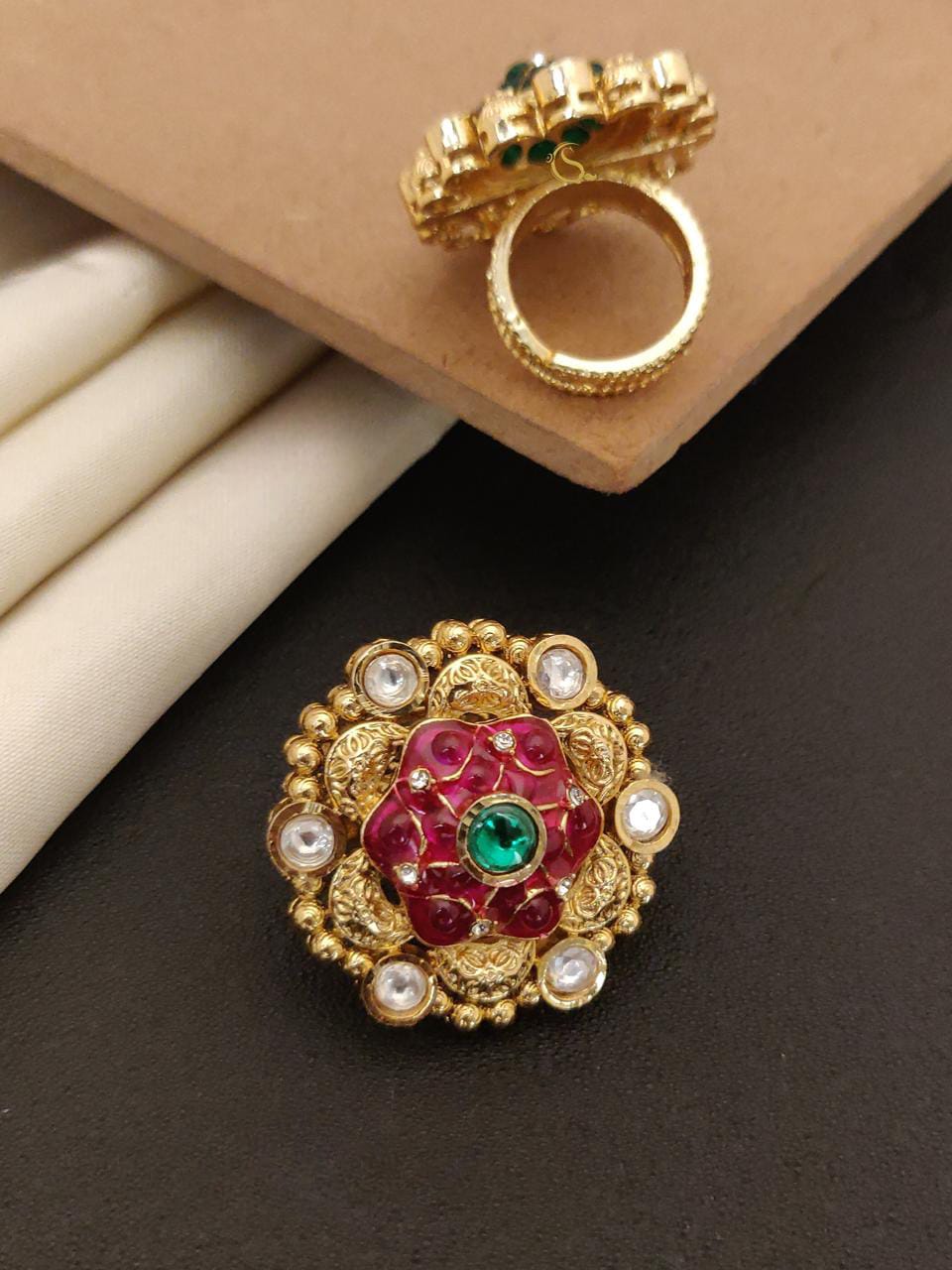 Royal Kundan Floral Statement Ring – Red &amp; Green Stone Adjustable Ring