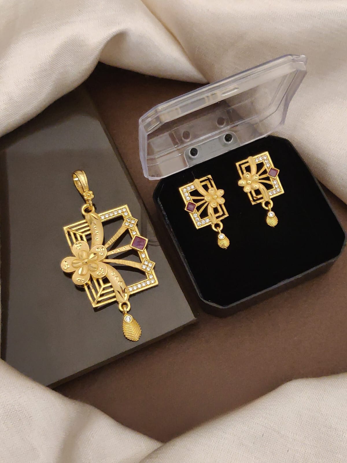 Elegant Gold Floral Pendant & Earrings Set with Stone Detailing  Description: