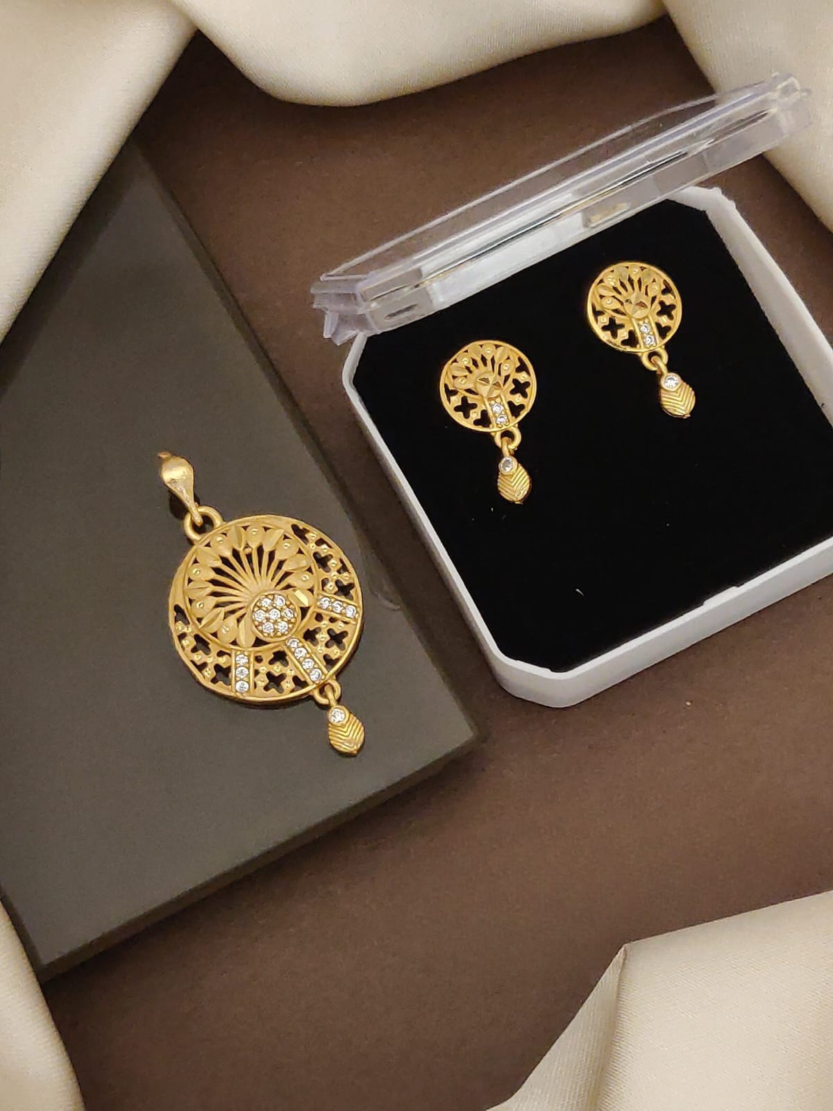 Elegant Gold-Tone Pendant & Earrings Set with CZ Accents
