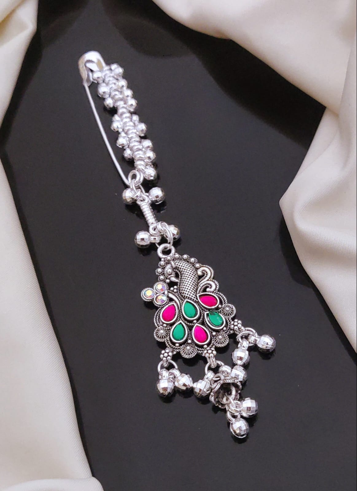 Oxidized Silver Peacock Saree Pin with Green & Pink Stones