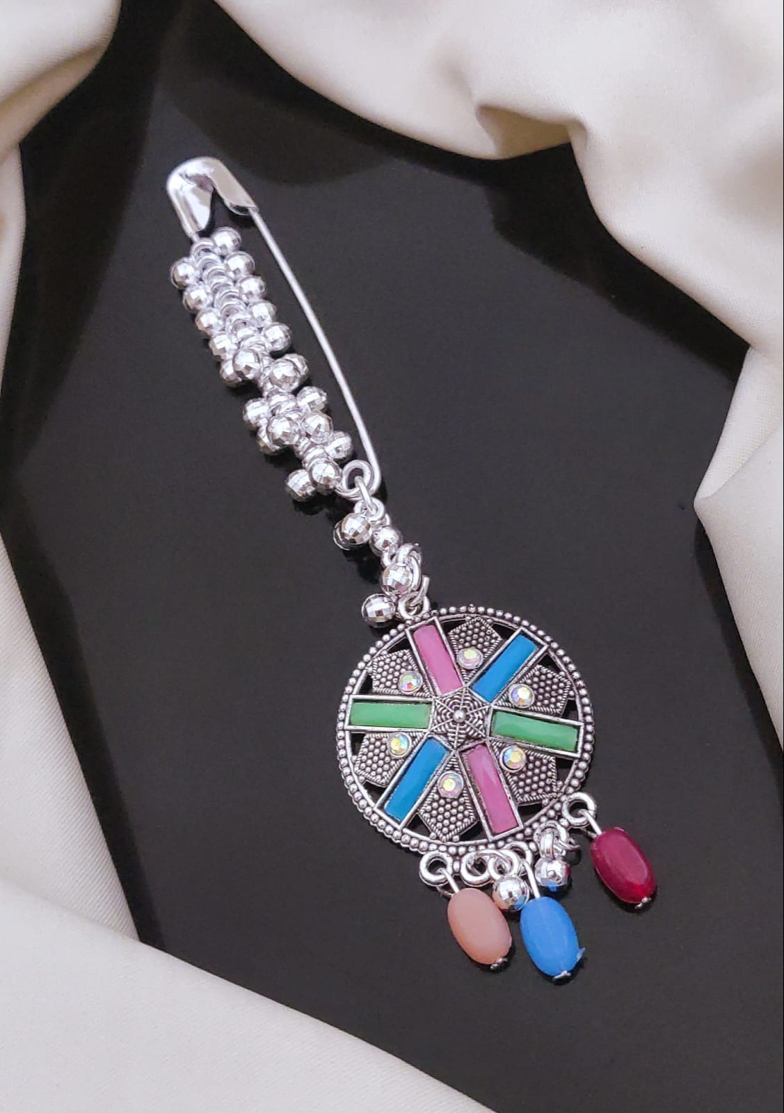 Multicolor Oxidized Silver Round Charm Saree Pin