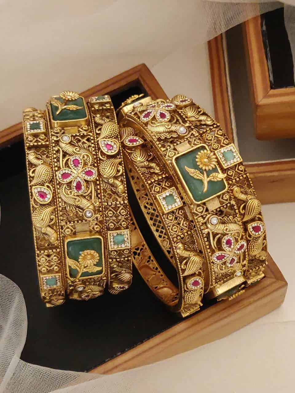 Traditional Antique Gold Kada Bangles with Green Enamel & Ruby Stones – Bridal Wear