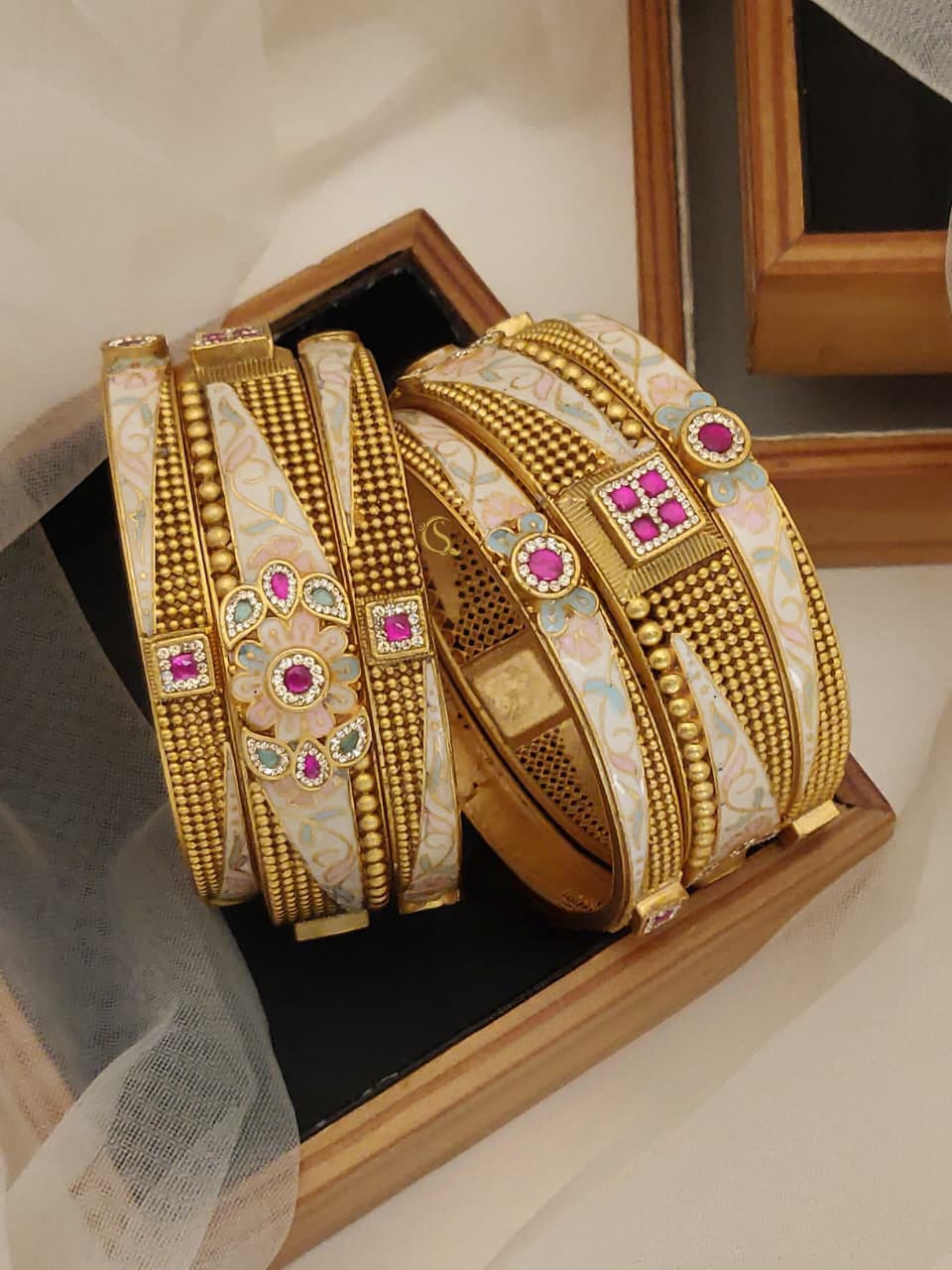 Royal Kundan Enamel Bridal Bangles Set – Gold Finish with Pink & Mint Stones