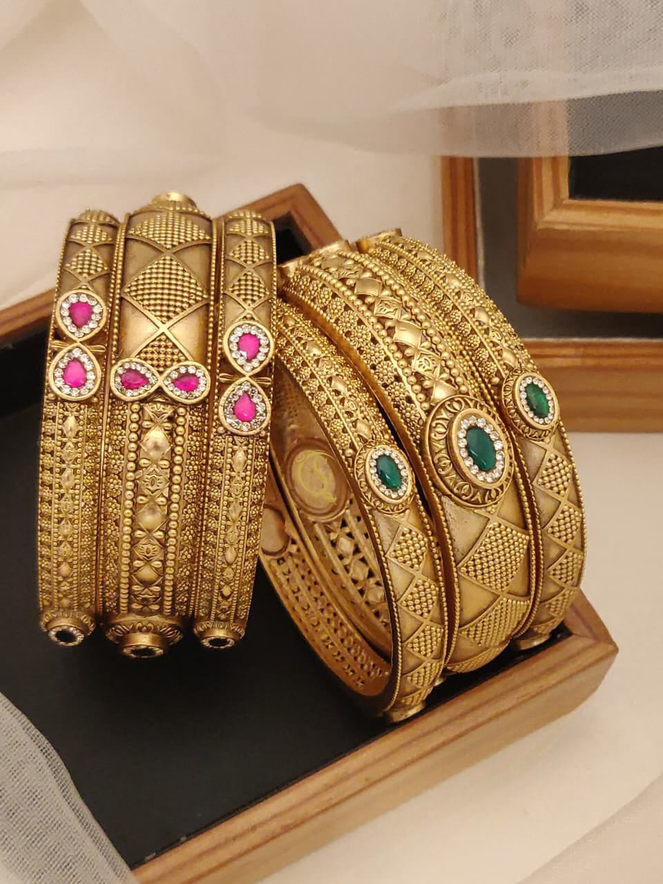 Antique Gold Plated Designer Bangles Set with Pink & Green Stone Work
