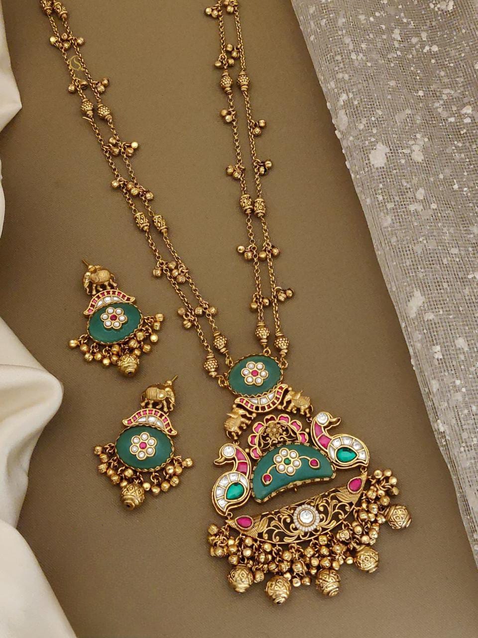 Antique Gold Peacock Chandbali Necklace Set with Green Enamel & Ghungroo Drops