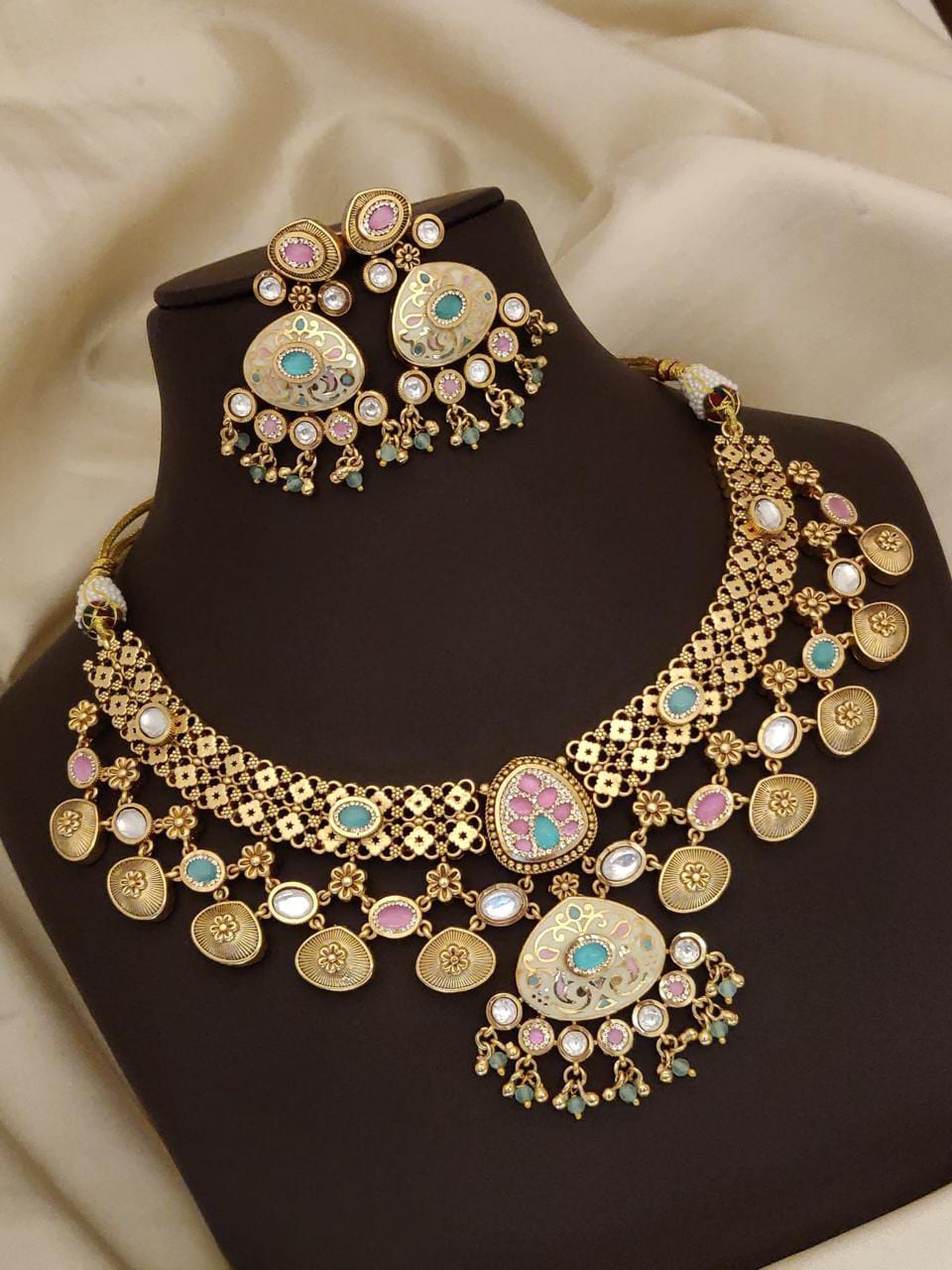 traditional Gold-Plated Floral Choker Necklace Set with Pastel Stones & Jhumki Earrings
