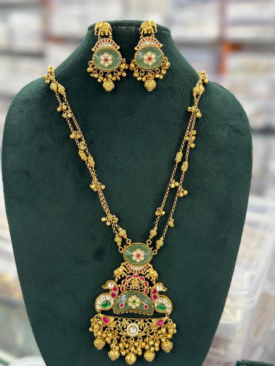Traditional Antique Gold Finish Temple Necklace Set with Green Enamel & Elephant Motif Earrings