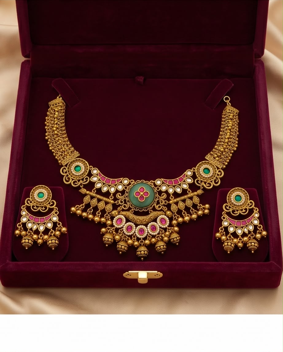 Elegant Antique Gold-Plated Choker Necklace Set with Green & Ruby Pink Stones
