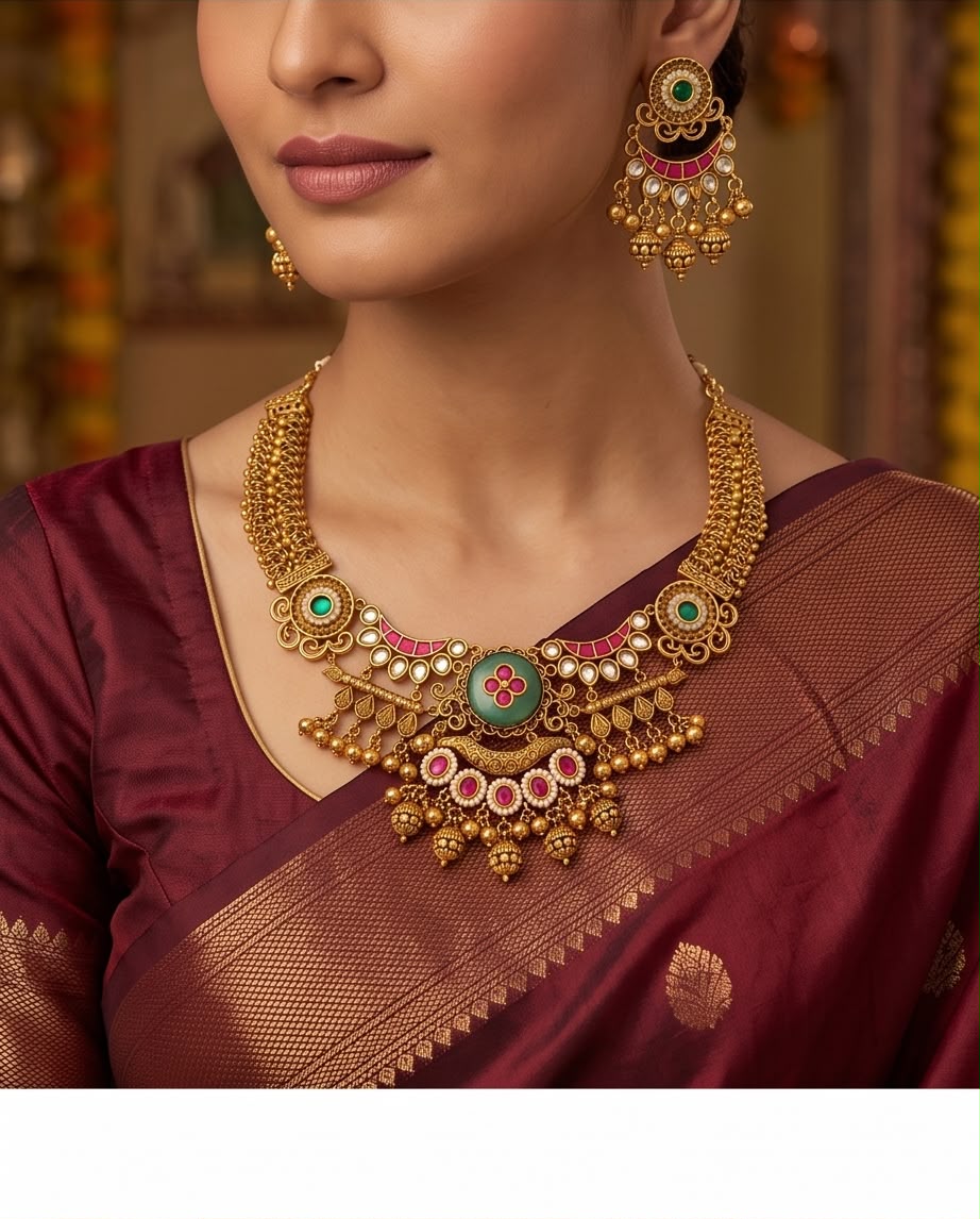 Elegant Antique Gold-Plated Choker Necklace Set with Green & Ruby Pink Stones