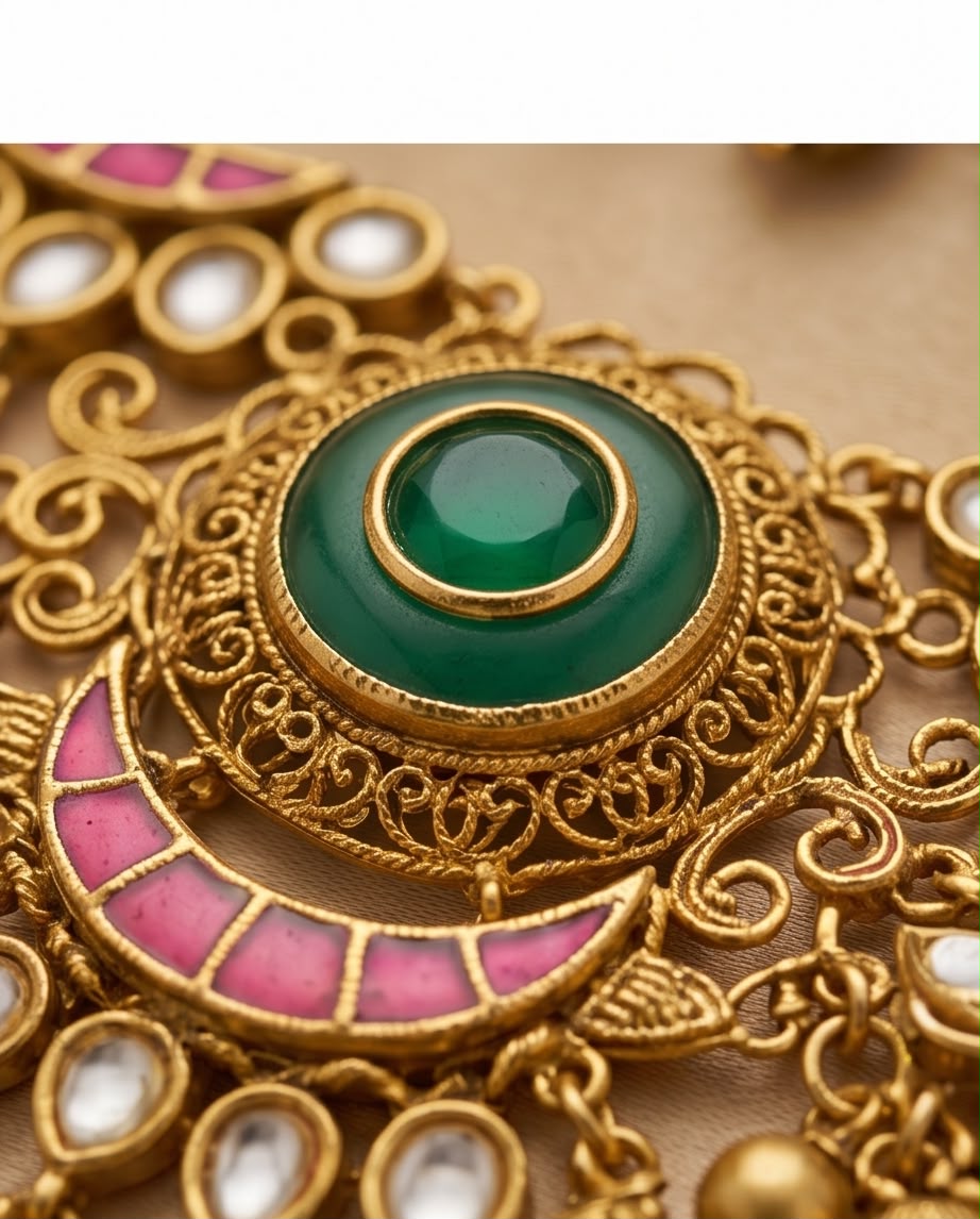 Elegant Antique Gold-Plated Choker Necklace Set with Green & Ruby Pink Stones