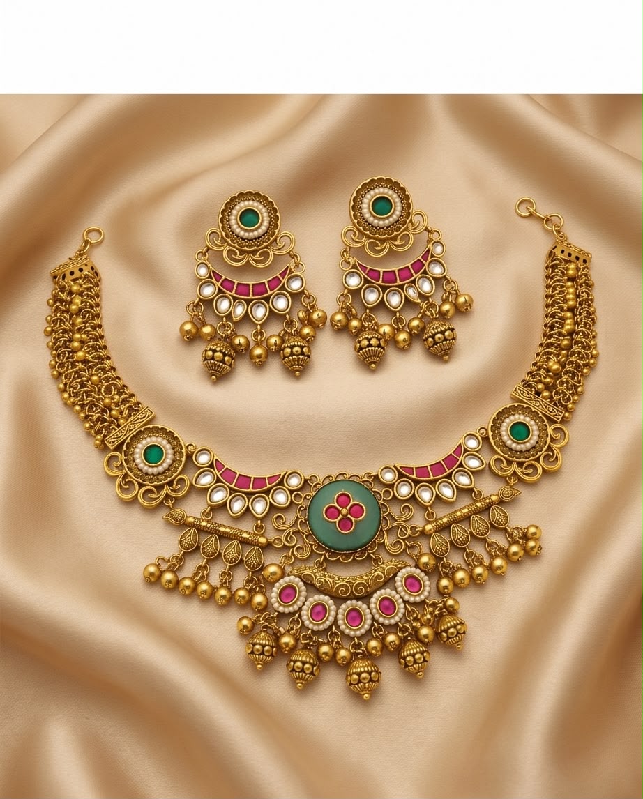 Elegant Antique Gold-Plated Choker Necklace Set with Green & Ruby Pink Stones