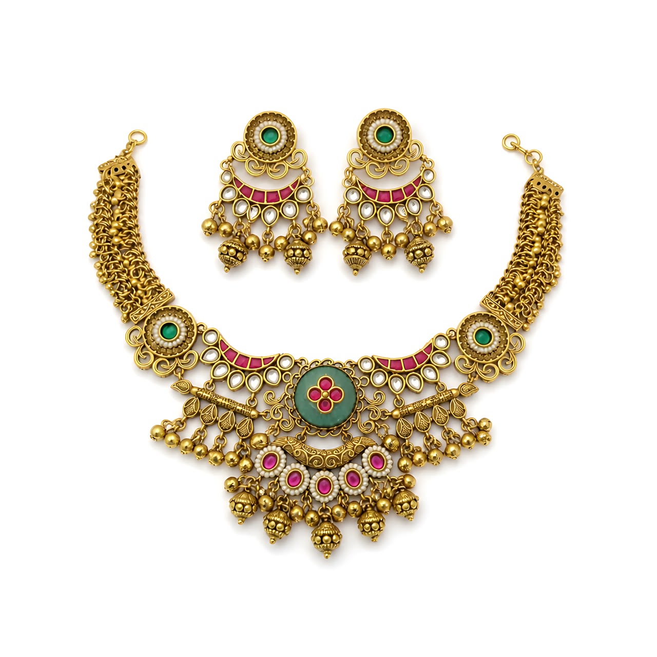 Elegant Antique Gold-Plated Choker Necklace Set with Green & Ruby Pink Stones