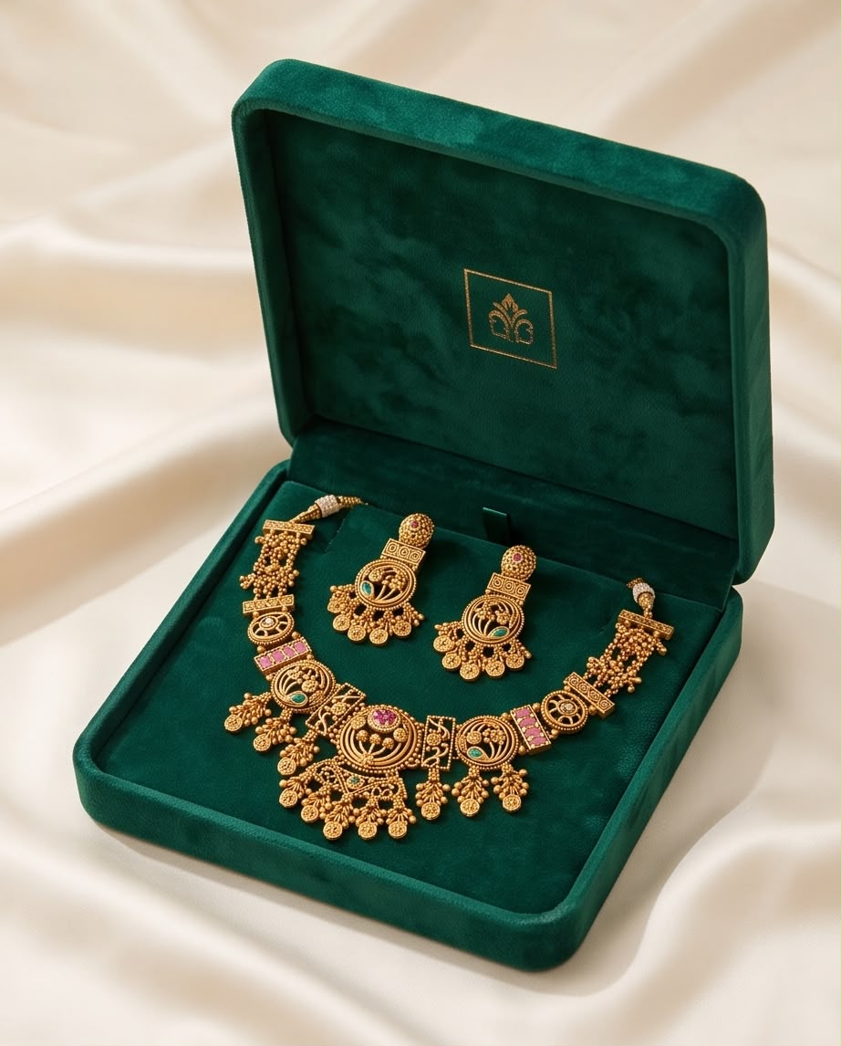 Elegant Antique Gold-Plated Choker Necklace Set with Green & Ruby Pink Stones