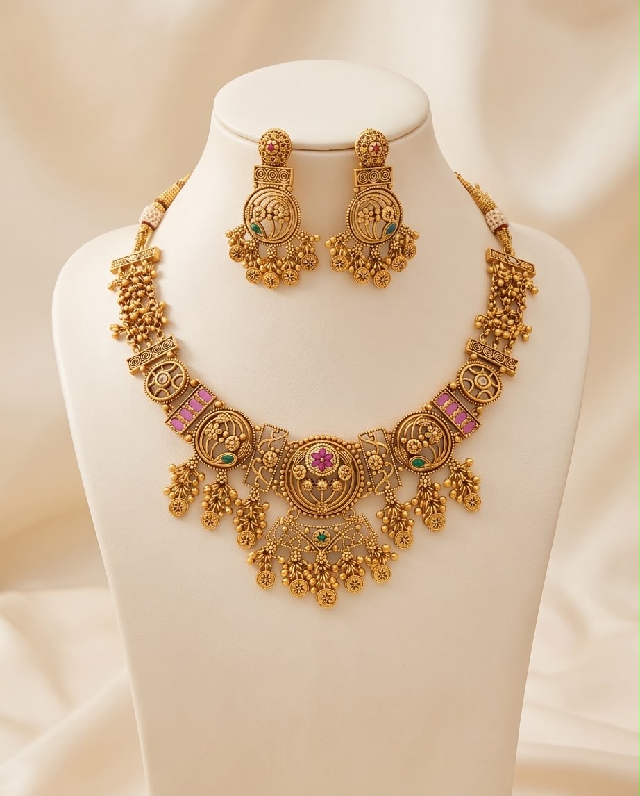 Elegant Antique Gold-Plated Choker Necklace Set with Green & Ruby Pink Stones