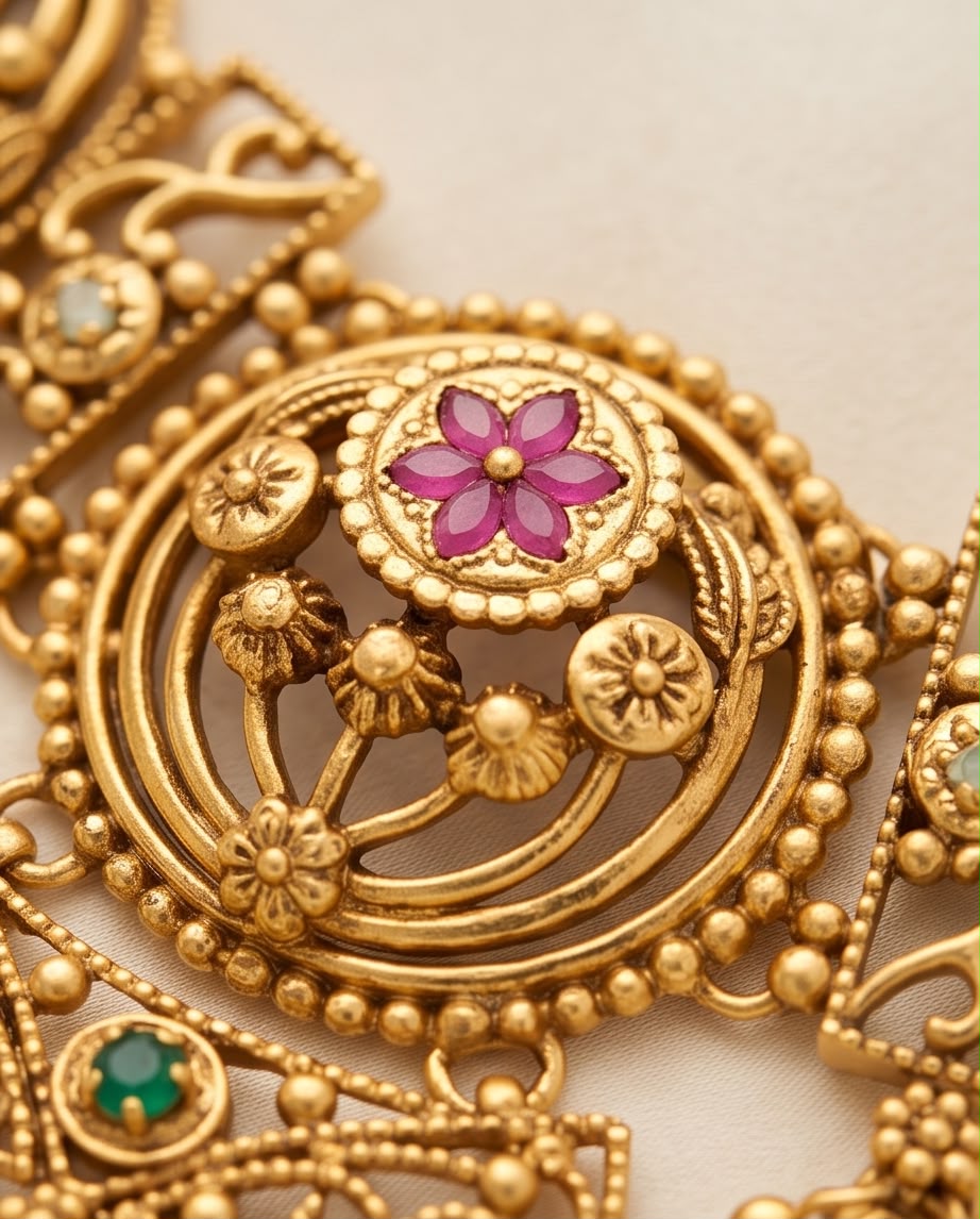 Elegant Antique Gold-Plated Choker Necklace Set with Green & Ruby Pink Stones