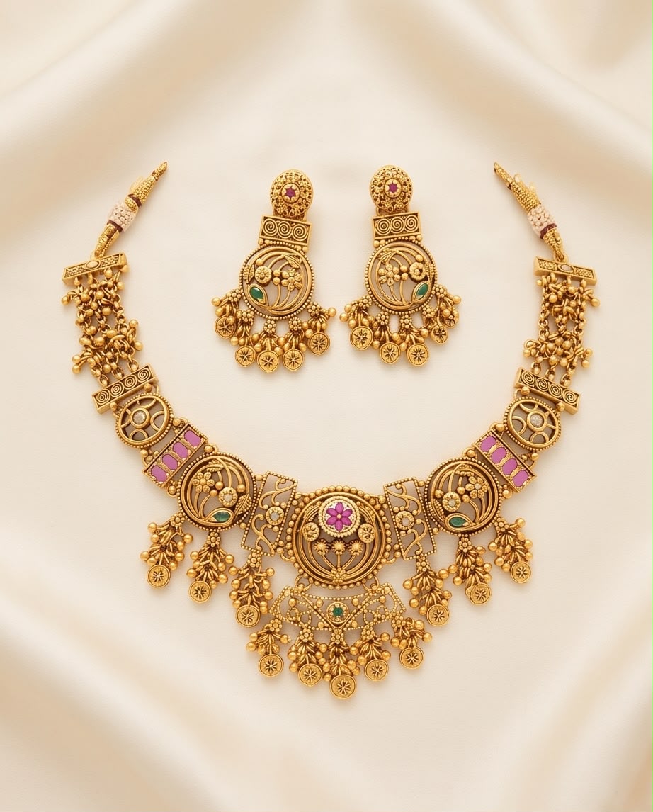 Elegant Antique Gold-Plated Choker Necklace Set with Green & Ruby Pink Stones