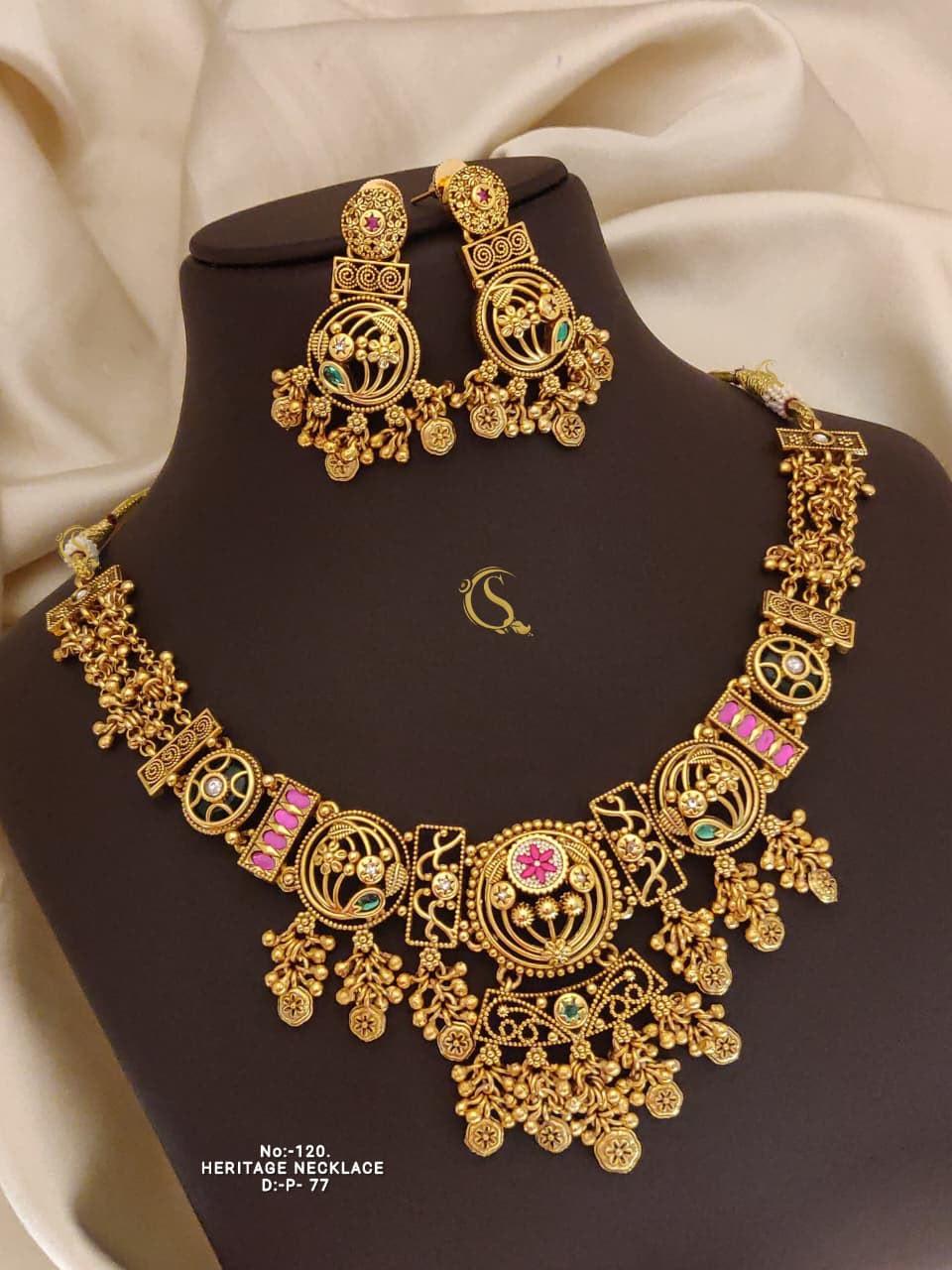 Elegant Antique Gold-Plated Choker Necklace Set with Green & Ruby Pink Stones