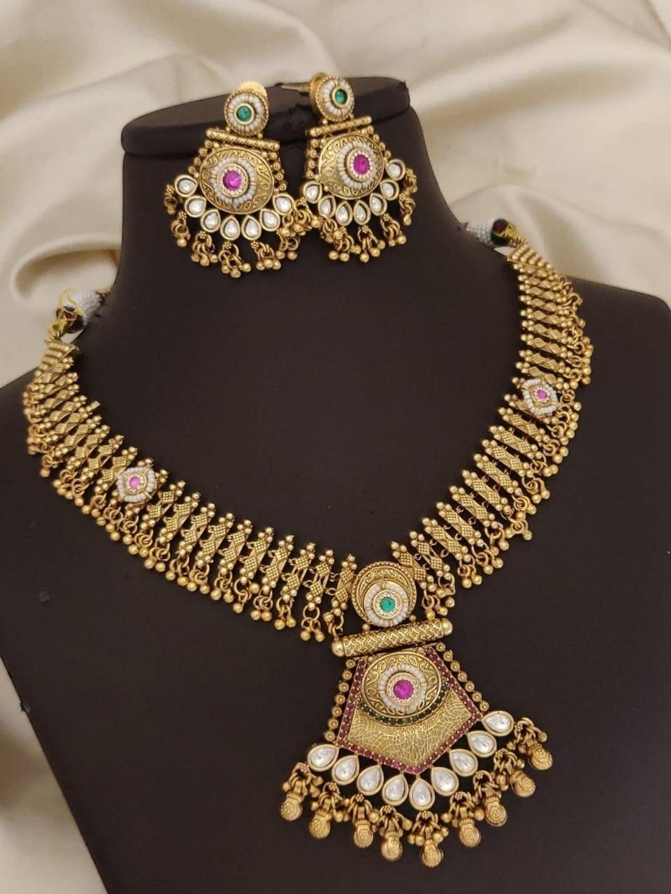 Antique Gold Peacock Motif Necklace Set with Green & Pink Stones