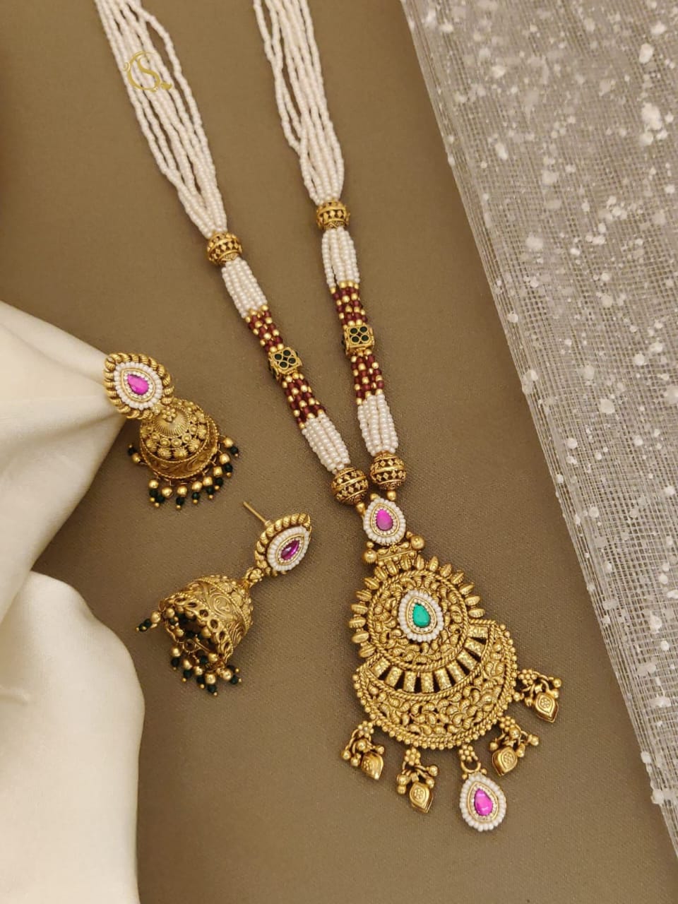 Traditional Temple Style Pearl Long Necklace Set with Antique Gold Finish