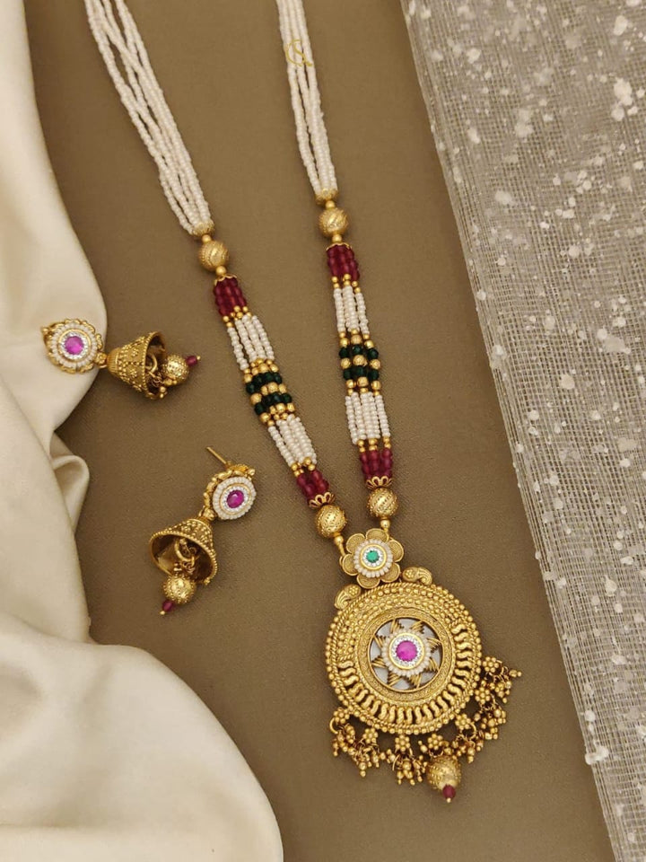 Traditional Temple Style Pearl Long Necklace Set with Antique Gold Finish