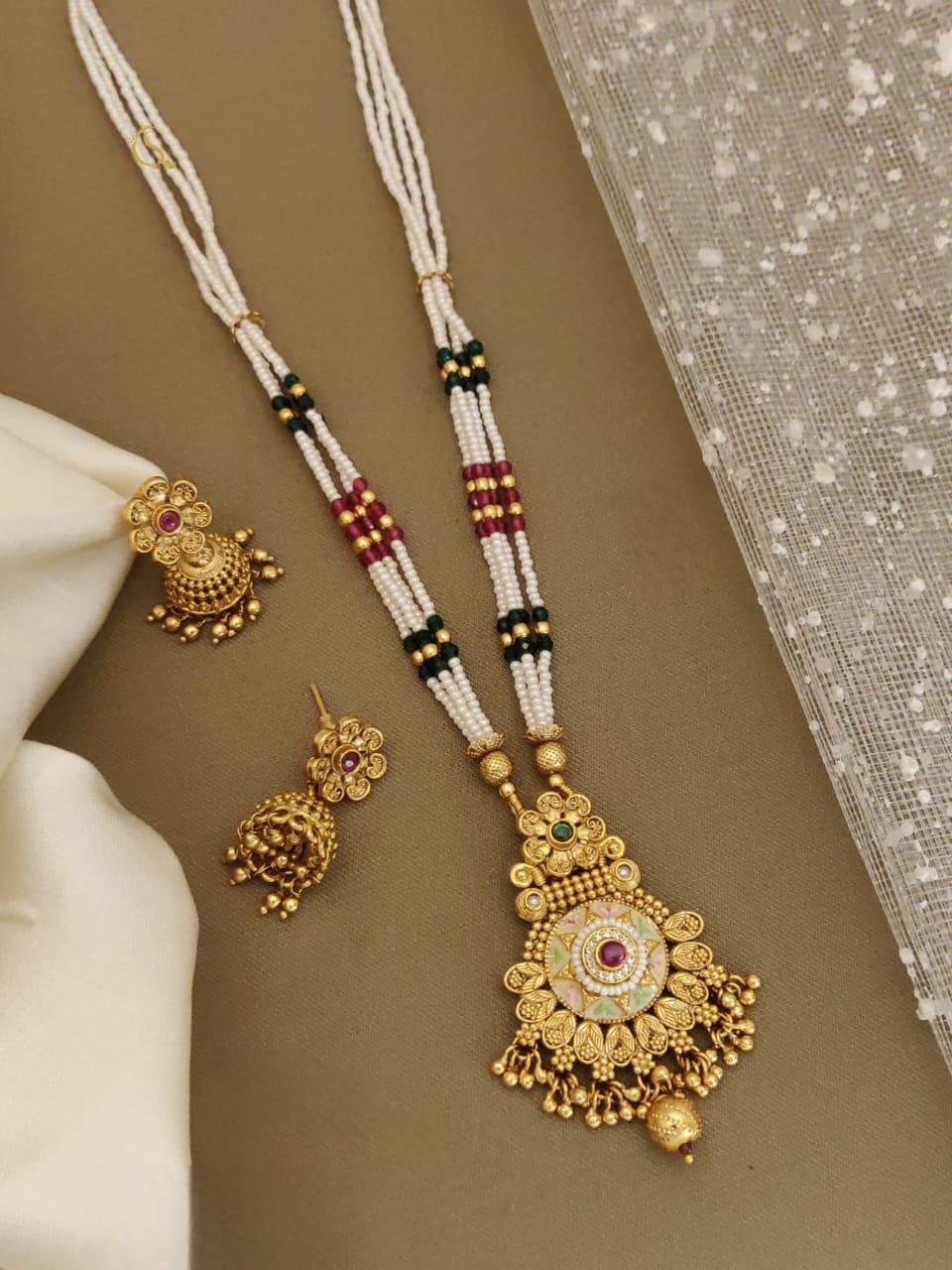 Traditional Temple Style Pearl Long Necklace Set with Antique Gold Finish