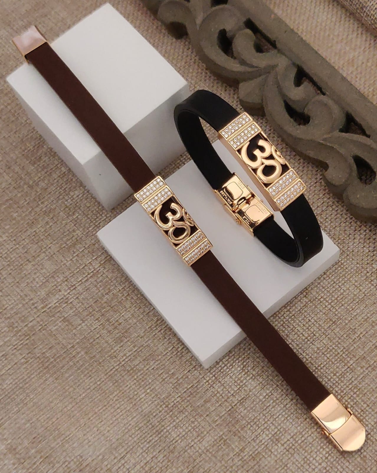 Om Gold-Plated Black Silicone Bracelet with CZ Stones