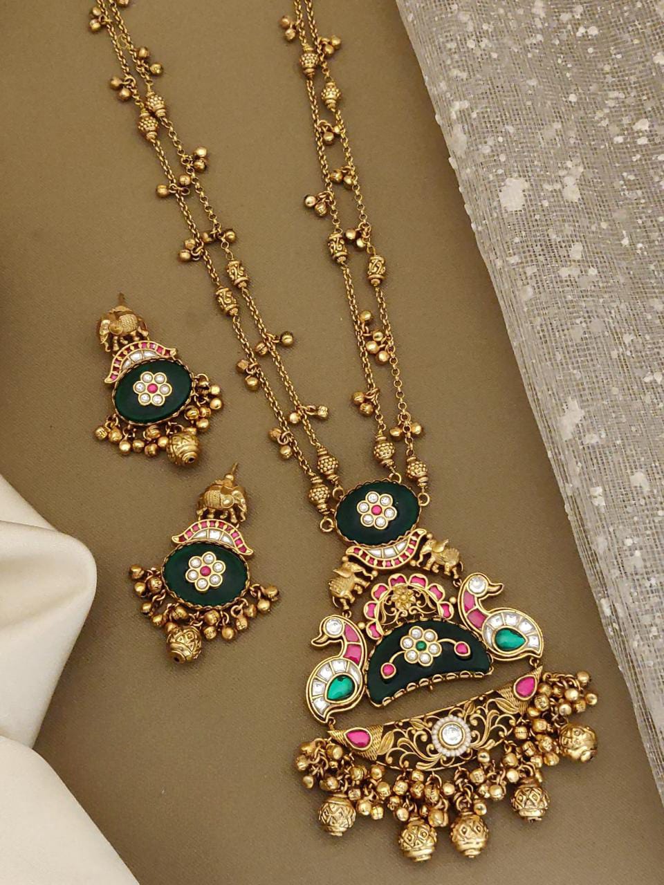 Antique Gold Peacock Chandbali Necklace Set with Green Enamel & Ghungroo Drops