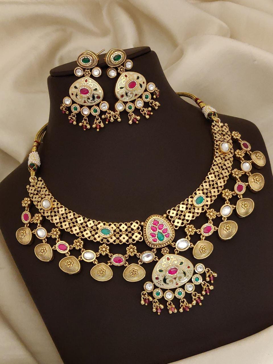 traditional Gold-Plated Floral Choker Necklace Set with Pastel Stones & Jhumki Earrings